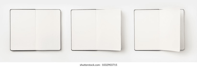 Business Concept - Top View Collection Of Black Hardcover Notebook, White Open & Flip Curl Rolled Page Isolated On Background For Mockup