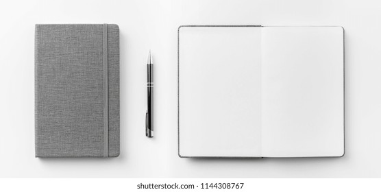 Business Concept - Top View Collection Of  Grey Notebook Front, Back Pen, And White Open Page Isolated On Background For Mockup