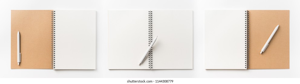 Business concept - Top view collection of  spiral kraft notebook front, back, pen and white open page isolated on background for mockup