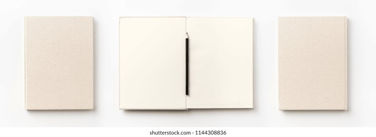 Business Concept - Top View Collection Of  Light Yellow Fabric Notebook Front, Back , Pen And White Open Page Isolated On Background For Mockup