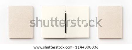 Business concept - Top view collection of  light yellow fabric notebook front, back , pen and white open page isolated on background for mockup
