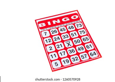 Business Concept : Top View Of Empty Red Bingo Card Sheet Isolated On White Background. (Selective Focus)