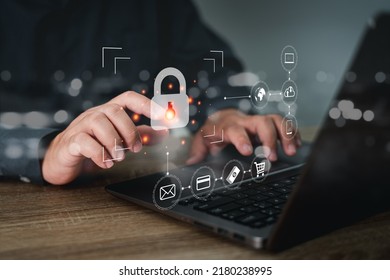 Business Concept And Virtual Screen Of The Online Security Plan,Man Use Laptop For Data Protection And Secure Online Payments. Cyber Internet Security Technologies And Data Encryption