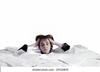 Business Concept Woman Drowning In Paperwork