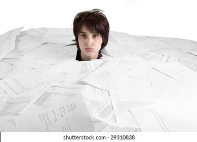 Business Concept Woman Drowning In Paperwork