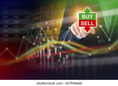 Business Concept Of Business Woman Touching Buy Or Sell Of Stock Market Background Design