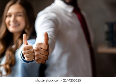 Business Concept.Smiling Girl Shows Class And Rejoices With Work Partner. Close-up Portrait Of Hands. High Quality Photo