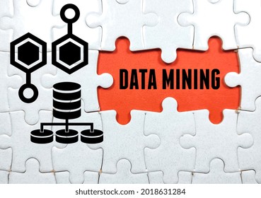 Business Concept.Text DATA MINING With Simple Icon And Jigsaw Puzzle On Red Background.