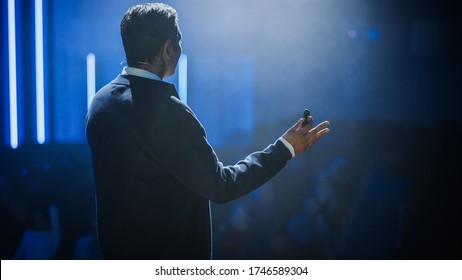 Business Conference Stage: Indian Chief Software Engineer, Startup CEO Presents New Product, Does Motivational Talk, and Lecture about Science, Technology, Entrepreneurship, Development, Leadership