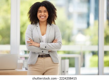 Business, Confidence And Portrait Of Happy Black Woman, Worker Or Employee With Pride In Marketing Career Success. Women Empowerment, Corporate Happiness Or Office Girl Satisfied With Advertising Job