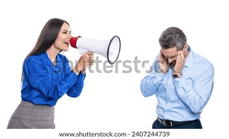 business conflict. businesswoman shouting on employee in loudspeaker isolated on white. business boss has conflict with partner about promotion. solving conflict. rivalry concept. conflict resolution