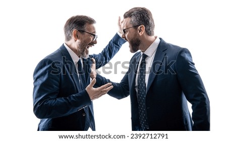 business conflict. two businessmen conflicting at rivalry isolated on white. businessmen having conflict in business. intense rivalry. conflict between boss and employee. conflict between companies