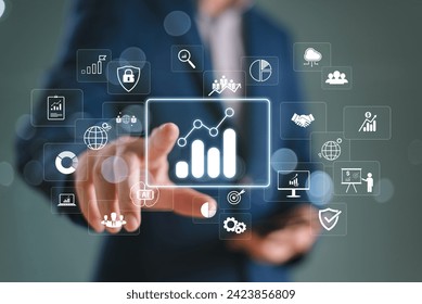 Business consultant performance analyst technology, digital marketing. Data analytics business concept. Businessman use computer laptop, cloud network connection. Financial banking tech, big data 