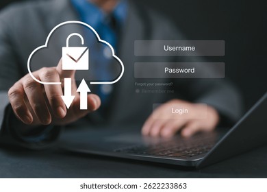 Business continuity, digital cybersecurity. Cloud based file storage and secure data backup solution with encrypted privacy protection, real time synchronization, mobile access for file management.