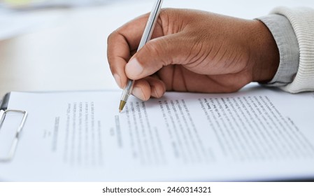 Business contract, paperwork and hand for signature in office for new opportunity, hiring agreement or deal. B2b document, sign and recruitment process with policy rules, ethics and offer for worker