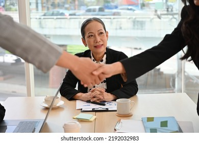 Business Cooperation At The Meeting Witnessed By A Senior Female Chairman, Focus On Old Age Businesswoman, Finishing Up A Papers Signing, Meeting, Agreement Concept.