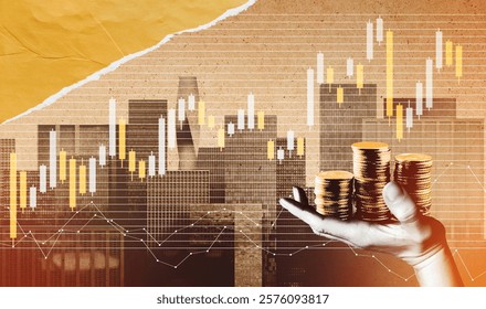 Business creative collage illustration. Human hands holding stack of golden coins in front of skyscrapers and financial graph. Savings, donation, giving concept - Powered by Shutterstock - Get 15% off with code: PIKWIZARD15