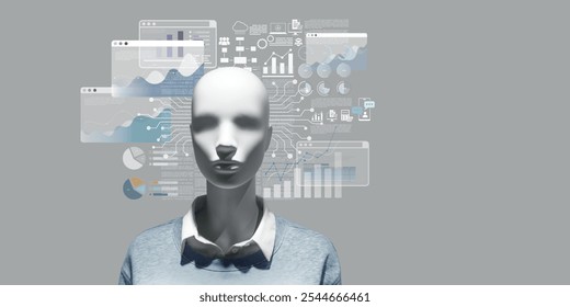 Business creativity with futuristic artificial intelligence featuring a mannequin with digital data visualizations and analytics charts surrounding symbolizing machine learning, and data processing.