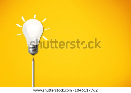 Business creativity and inspiration concepts with lightbulb and pencil on yellow background.