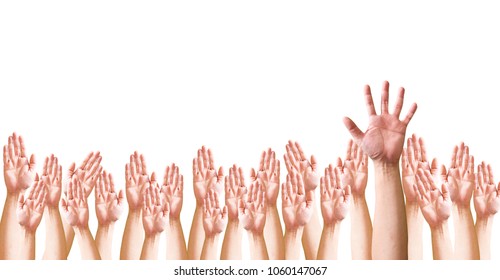 Business crowd raising hands high up on white background. Concept Business / Question / Ask / Idea.  - Shutterstock ID 1060147067