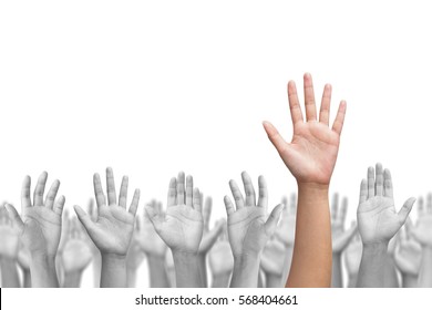 Business Crowd Raising Hands High Up On White Background. Concept Business / Question / Ask / Idea / Vote.