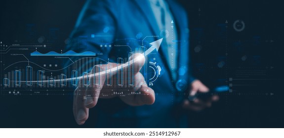 Business data analysis assistant technology concept, businessman holding a mobile phone Showcasing technology from Artificial Intelligence, Automating Data Management Analytics and Business Reports.