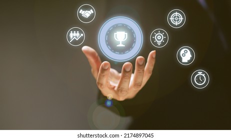 Business data analysis concept, business success with digital screen alternative icons and business people in background. - Shutterstock ID 2174897045