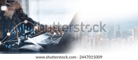 Business data analysis, growth and development. Businessman working on laptop with financial report, economic graph growth chart and global network connection, business plan, strategy and solution