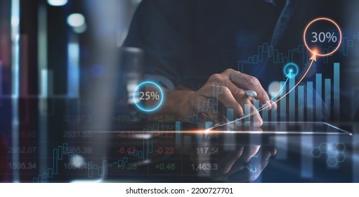 Business Data Analysis, Market Research, Finance And Investment. Businessman Using Tablet With Financial Growth Graph Chart And Stock Market Data Report. Business Planning, Strategy And Solution