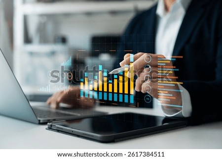 Business data analysis report with performance indicators dashboard, businessman using digital tablet and laptop to analyze data, economic growth chart graph, market research and strategic planning.