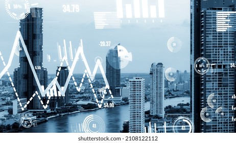 Business data analytic interface fly over smart city showing alteration future of business intelligence. Computer software and artificial intelligence are used to analyze big data for strategic plan .