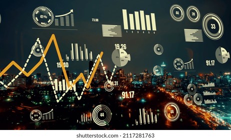 Business data analytic interface fly over smart city showing alteration future of business intelligence. Computer software and artificial intelligence are used to analyze big data for strategic plan .