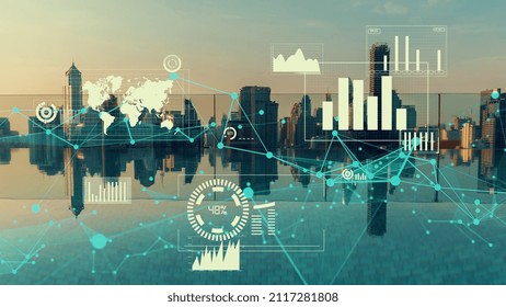 Business data analytic interface fly over smart city showing alteration future of business intelligence. Computer software and artificial intelligence are used to analyze big data for strategic plan . - Powered by Shutterstock - Get 15% off with code: PIKWIZARD15