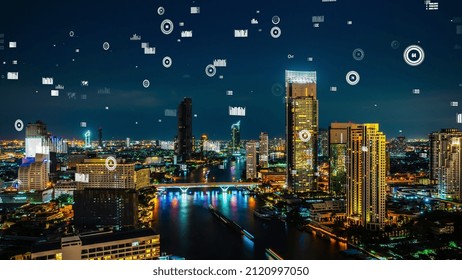 Business data analytic interface fly over smart city showing alteration future of business intelligence. Computer software and artificial intelligence are used to analyze big data for strategic plan .