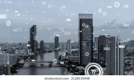 Business data analytic interface fly over smart city showing alteration future of business intelligence. Computer software and artificial intelligence are used to analyze big data for strategic plan .