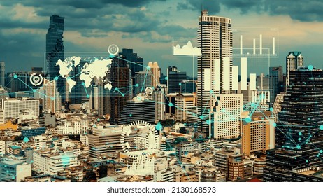 Business data analytic interface fly over smart city showing alteration future of business intelligence. Computer software and artificial intelligence are used to analyze big data for strategic plan .
