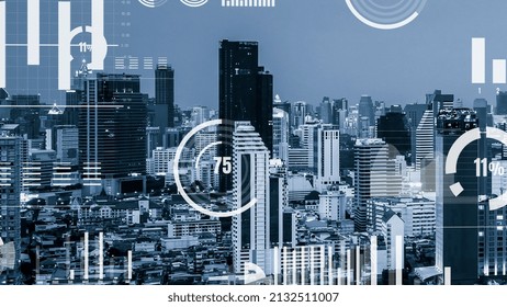 Business data analytic interface fly over smart city showing alteration future of business intelligence. Computer software and artificial intelligence are used to analyze big data for strategic plan .