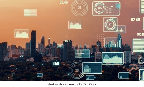 Business data analytic interface fly over smart city showing alteration future of business intelligence. Computer software and artificial intelligence are used to analyze big data for strategic plan .