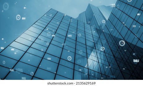 Business data analytic interface fly over smart city showing alteration future of business intelligence. Computer software and artificial intelligence are used to analyze big data for strategic plan .