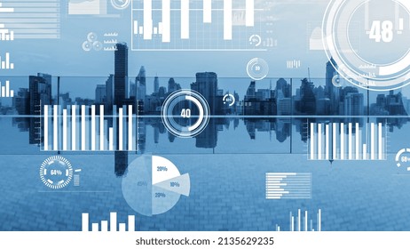 Business data analytic interface fly over smart city showing alteration future of business intelligence. Computer software and artificial intelligence are used to analyze big data for strategic plan .