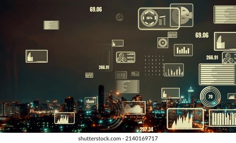 Business data analytic interface fly over smart city showing alteration future of business intelligence. Computer software and artificial intelligence are used to analyze big data for strategic plan .