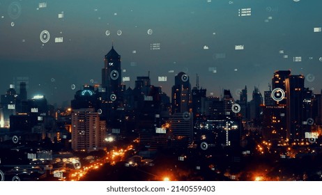 Business data analytic interface fly over smart city showing alteration future of business intelligence. Computer software and artificial intelligence are used to analyze big data for strategic plan .