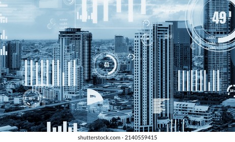 Business data analytic interface fly over smart city showing alteration future of business intelligence. Computer software and artificial intelligence are used to analyze big data for strategic plan . - Powered by Shutterstock - Get 15% off with code: PIKWIZARD15