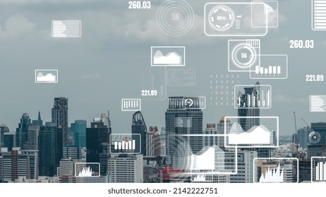 Business data analytic interface fly over smart city showing alteration future of business intelligence. Computer software and artificial intelligence are used to analyze big data for strategic plan .