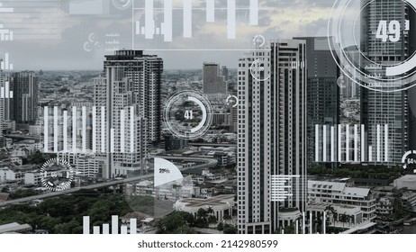 Business data analytic interface fly over smart city showing alteration future of business intelligence. Computer software and artificial intelligence are used to analyze big data for strategic plan .