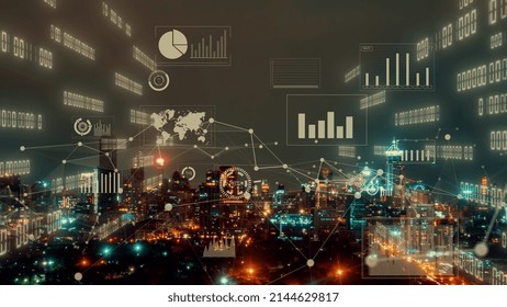 Business data analytic interface fly over smart city showing alteration future of business intelligence. Computer software and artificial intelligence are used to analyze big data for strategic plan .