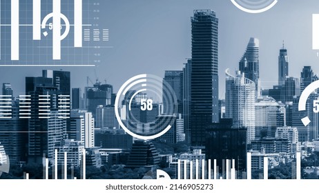 Business data analytic interface fly over smart city showing alteration future of business intelligence. Computer software and artificial intelligence are used to analyze big data for strategic plan .