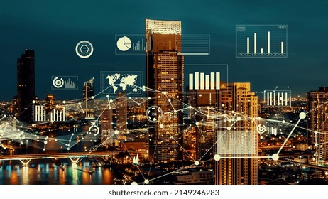 Business data analytic interface fly over smart city showing alteration future of business intelligence. Computer software and artificial intelligence are used to analyze big data for strategic plan .