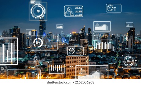 Business data analytic interface fly over smart city showing alteration future of business intelligence. Computer software and artificial intelligence are used to analyze big data for strategic plan .