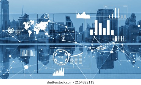 Business data analytic interface fly over smart city showing alteration future of business intelligence. Computer software and artificial intelligence are used to analyze big data for strategic plan .